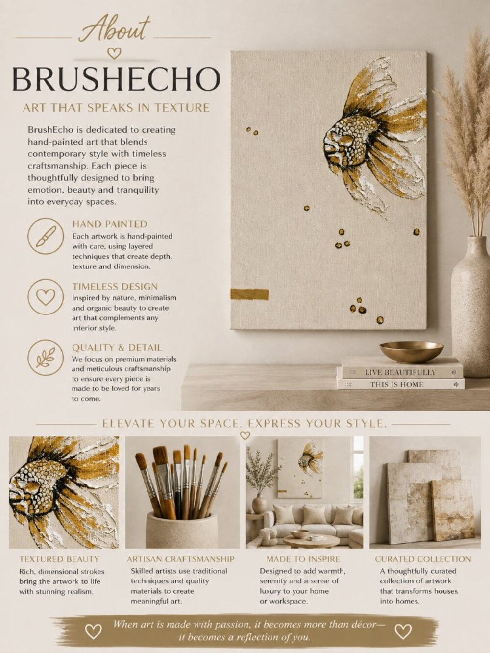 BrushEcho Gold Fish Textured Canvas Wall Art Cream Gold New in Box - Picture 6 of 6